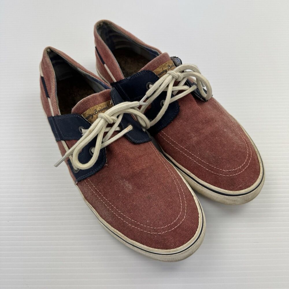 Tommy Bahama Asunder Stripes Canvas Boat Shoes Red Blue Men 10.5 Deck Nautical